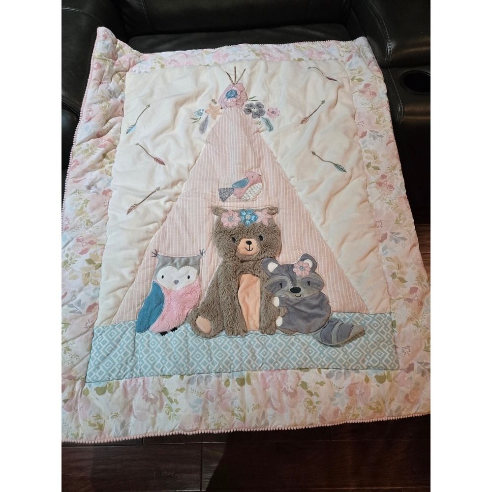 Levtex Baby Woodland Forest Animals Teepee Floral‎ Quilt Blanket Pink Blue Boho
